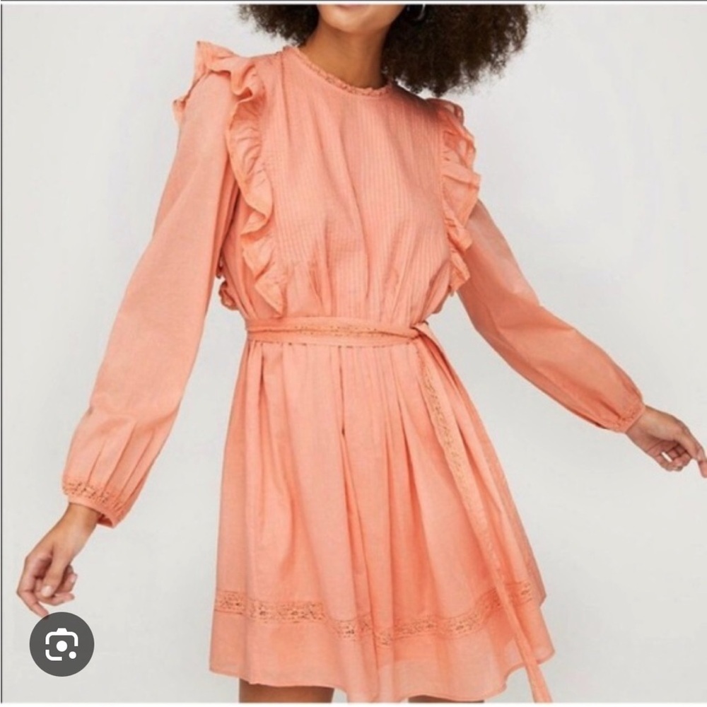 Aritzia Wilfred La Boheme Elia Bohemian Babydoll Mini Dress Ruffle Crochet Coral